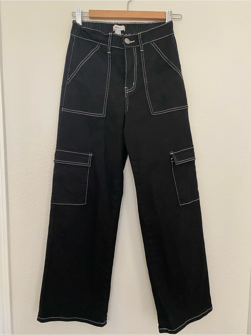 Forever 21 Black Cargo Pants with White Contrast Stitching